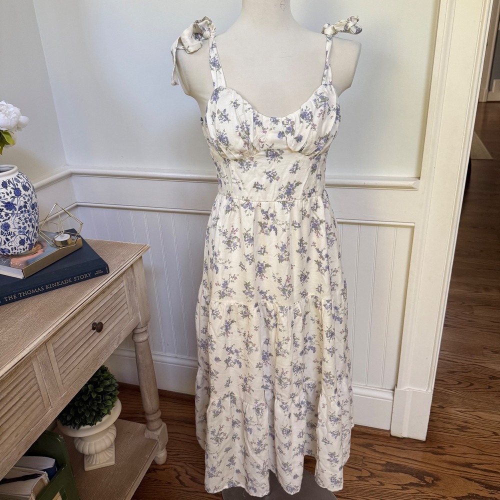 Trixxi Floral Tie Shoulder Tiered Midi Dress Cream Purple Blue Small